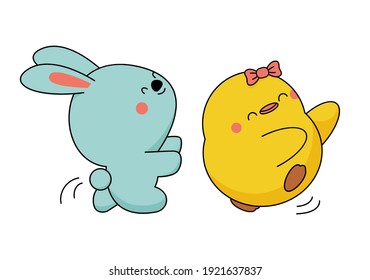 Kawaii bunny and chick girl are playing together. The chicken runs away from the hare, they have fun. Funny sticker for Easter. Vector illustration isolated on white.