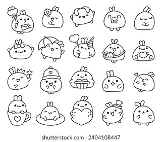 Kawaii bunny. Coloring Page. Cute cartoon funny pet baby character. Smiling animal. Hand drawn style. Vector drawing. Collection of design elements.