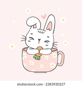 kawaii bunny in a cup cartoon illustration. Perfect for greeting cards, nursery art, and more. Delight in the whimsical charm of this cute, cuddly character.