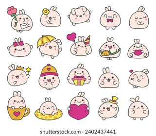 Kawaii bunny. Cute cartoon funny pet baby character. Smiling animal. Hand drawn style. Vector drawing. Collection of design elements.