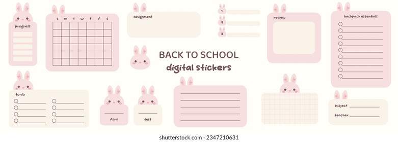 Kawaii bunny digital stickers for students. Digital note papers and stickers for bullet journaling or planning. Student digital stickers. Vector art.