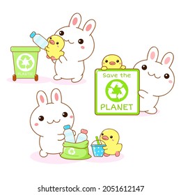 Kawaii bunny and duckling picking up plastic litter and collecting it to trash bag. Cute little duck and rabbit friends cleaning environment from garbage. Eco volunteers working together. Vector EPS8