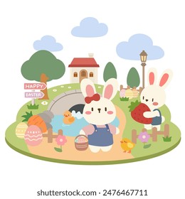 Kawaii Bunny Easter Celebration. Cute Spring Illustration. Adorable Bunnies with Easter Eggs and Strawberry. Happy Easter Scene with Bunnies, Duck, and Cottage. Pastel Illustration.