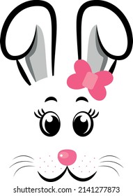 Kawaii Bunny face with pink bow. Vector illustration. Rabbit symbol of 2023 year. Design for Easter, New year 