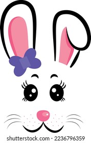 Kawaii Bunny face with purple bow. Vector illustration. Rabbit symbol of 2023 year. Design for Easter, New year 