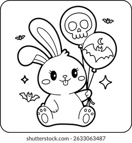 Kawaii Bunny with Halloween Balloons Line Art Coloring Page