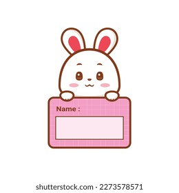 Kawaii Bunny Holding Name Tag Cartoon Vector Illustration, cute bunny illustration vector