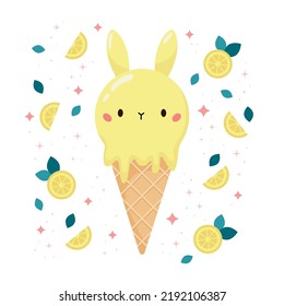 Kawaii bunny ice cream with lemon taste. Cartoon food dessert bakery product. Mint leaves. Vector illustration.