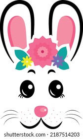 Kawaii bunny masks with pink ears and flowers on white isolated background