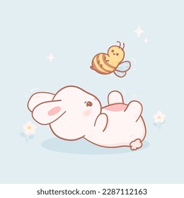 Kawaii bunny playing with bee. Vector Illustration of cute animals in pastel colors and cartoon style