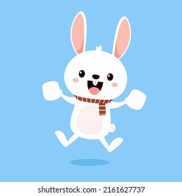 Kawaii bunny. Rabbit cartoon on blue background. White marshmallow vector.