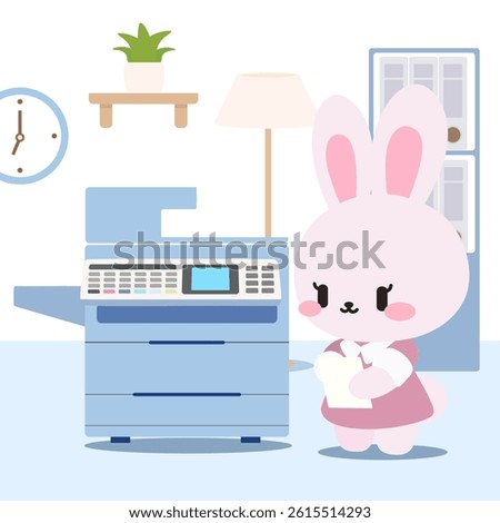 Kawaii Bunny Using Copy Machine in Office. Adorable Office Bunny Making Copies.Cute Workspace Scene.