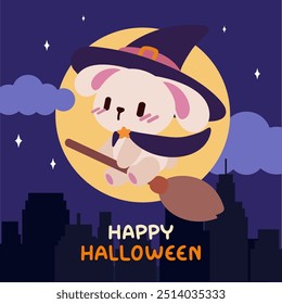 Kawaii Bunny Witch Flying on Broomstick. Cute Halloween Art. Adorable Bunny Witch Under Full Moon. Halloween Night Scene. Cute Rabbit in Witch Costume on Broom.