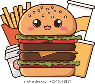 Kawaii Burger with Smiling Face Fries and Drink
