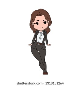 Kawaii Business Girl lean on the tabl, Business suit, brunette hair