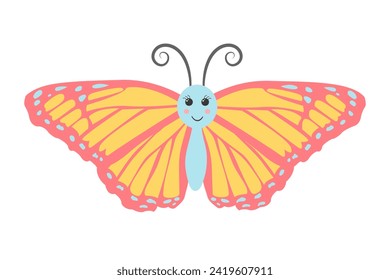 Kawaii butterfly. Cute colorful butterfly character. Vector illustration isolated on white background. 