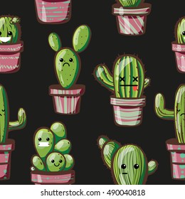 Kawaii cacti. seamless texture with cactus. emotions. green cactus in pink pot. Black background 