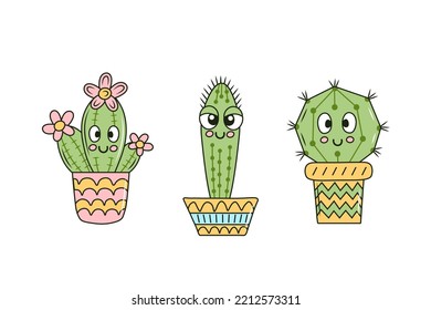 Kawaii cacti set. Cute doodle cartoon style cactus character in flowerpot collection