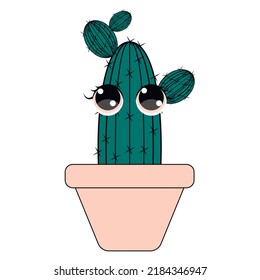 Kawaii Cactus. Cartoon Cactus. Cartoon Succulent With Funny Face