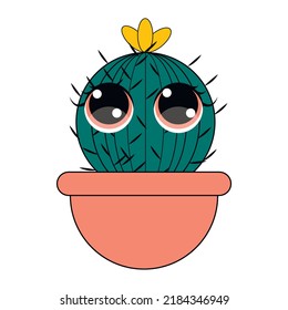 Kawaii Cactus. Cartoon Cactus. Cartoon Succulent With Funny Face