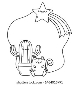 Kawaii of cactus and cat cartoon design