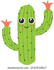 Kawaii cactus character. Cute blooming succulent emoji isolated on white background