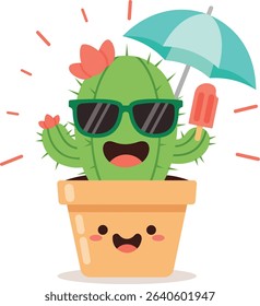 Kawaii Cactus Character with Sunglasses and Popsicle – Summer Vector Sticker