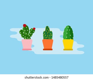 Kawaii cactus in the colorful pot on blue background.