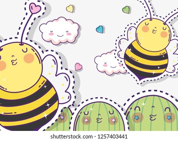 kawaii cactus with cute bees and clouds sticker