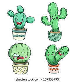 Cactus kawaii con cara linda usando el estilo de doodle de color