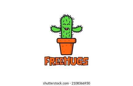Kawaii cactus drawing with text Free Huge ! Funny Valentine card vector illustration, cute cartoon doodle