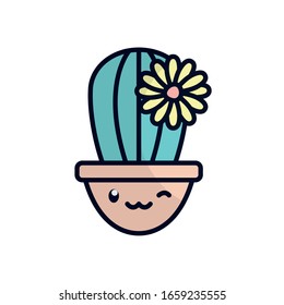 kawaii cactus with flower inside pot flat fill style icon design, Plant desert nature tropical summer mexico and western theme Vector illustration