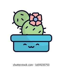 kawaii cactus with flower inside pot flat fill style icon design, Plant desert nature tropical summer mexico and western theme Vector illustration