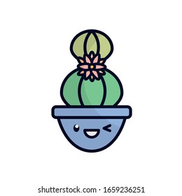 kawaii cactus with flower inside pot flat fill style icon design, Plant desert nature tropical summer mexico and western theme Vector illustration