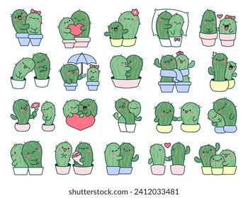 Kawaii cactus hug. Cute cartoon cacti couple in love. Funny plant characters in pots. Hand drawn style. Vector drawing. Collection of design elements.