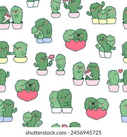 Kawaii cactus hug. Seamless pattern. Cute cartoon cacti couple in love. Funny plant characters in pots. Hand drawn style. Vector drawing. Design ornaments.