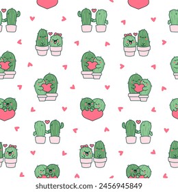 Abrazo de cactus kawaii. Patrón sin costuras. Linda pareja de cactus de dibujos animados en el amor. Personajes de plantas divertidas en macetas. Estilo dibujado a mano. Dibujo de Vector. Diseñar adornos.