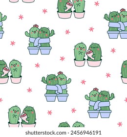 Abrazo de cactus kawaii. Patrón sin costuras. Linda pareja de cactus de dibujos animados en el amor. Personajes de plantas divertidas en macetas. Estilo dibujado a mano. Dibujo de Vector. Diseñar adornos.