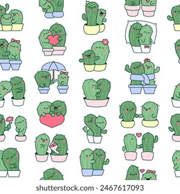 Abrazo de cactus kawaii. Patrón sin costuras. Linda pareja de cactus de dibujos animados en el amor. Personajes de plantas divertidas en macetas. Estilo dibujado a mano. Dibujo de Vector. Diseñar adornos.