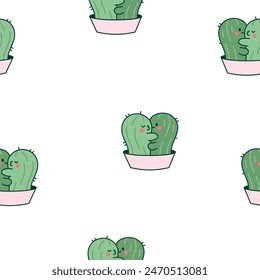 Abrazo de cactus kawaii. Patrón sin costuras. Linda pareja de cactus de dibujos animados en el amor. Personajes de plantas divertidas en macetas. Estilo dibujado a mano. Dibujo de Vector. Diseñar adornos.