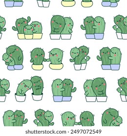 Abrazo de cactus kawaii. Patrón sin fisuras. Linda pareja de cactus de dibujos animados en el amor. Divertidos personajes de plantas en macetas. Estilo dibujado a mano. Dibujo de Vector. Diseña adornos.