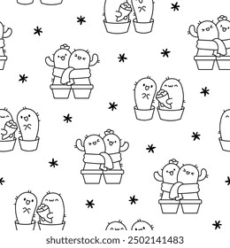 Kawaii cactus hug. Seamless pattern. Coloring Page. Cute cartoon cacti couple in love. Funny plant characters in pots. Hand drawn style. Vector drawing. Design ornaments.