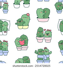 Kawaii cactus hug. Seamless pattern. Cute cartoon cacti couple in love. Funny plant characters in pots. Hand drawn style. Vector drawing. Design ornaments.