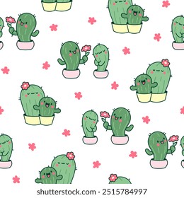 Kawaii cactus hug. Seamless pattern. Cute cartoon cacti couple in love. Funny plant characters in pots. Hand drawn style. Vector drawing. Design ornaments.