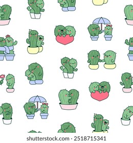 Kawaii cactus hug. Seamless pattern. Cute cartoon cacti couple in love. Funny plant characters in pots. Hand drawn style. Vector drawing. Design ornaments.