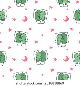 Kawaii cactus hug. Seamless pattern. Cute cartoon cacti couple in love. Funny plant characters in pots. Hand drawn style. Vector drawing. Design ornaments.