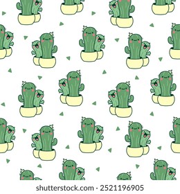 Kawaii cactus hug. Seamless pattern. Cute cartoon cacti couple in love. Funny plant characters in pots. Hand drawn style. Vector drawing. Design ornaments.