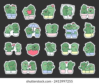 Kawaii cactus hug. Sticker Bookmark. Cute cartoon cacti couple in love. Funny plant characters in pots. Hand drawn style. Vector drawing. Collection of design elements.