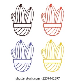 Kawaii cactus outline decoration element. black, red,purple and yellow color
