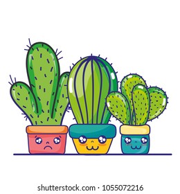 kawaii cactus plants inside flowerpot and facial expression
